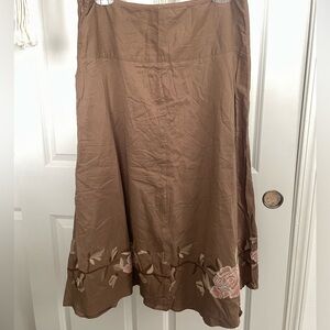 VINTAGE 90s-Y2K Cotton A-Line Midi Skirt Khaki with Pink Rose Embroidery Hem